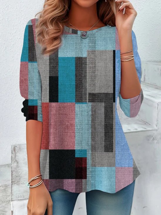 Damen Abstrakt Kariert Langarm T-Shirts T-Shirt Rundhals Print Lässig Frühling/Herbst T-Shirt mit Grafik Oberteile