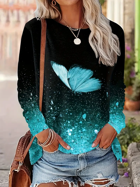 Damen Schmetterling Langarm T-Shirts T-Shirt Rundhals Print Lässig Frühling/Herbst T-Shirt mit Grafik Oberteile
