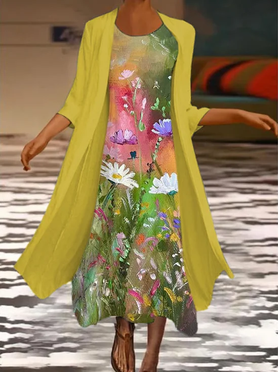 Damen Geblümt Print Zweiteiliges Set Täglich Dreiviertelärmel Lässig Frühling/Herbst Mantel mit Rock Matching Set