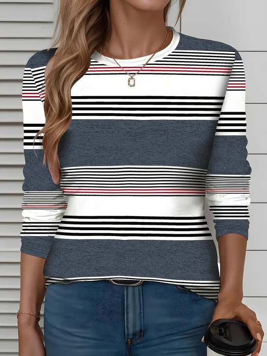 Damen Gestreift Langarm T-Shirts T-Shirt Rundhals Print Lässig Frühling/Herbst T-Shirt mit Grafik Oberteile