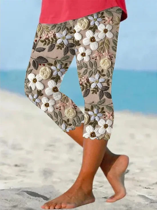 Damen Geblümt Caprihosen Elastische Taille Hose Lässig Sommer Hose