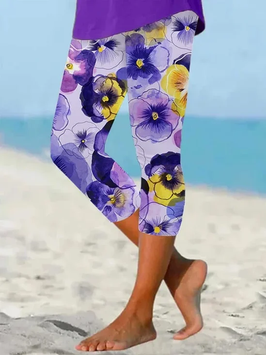 Damen Geblümt Caprihosen Elastische Taille Hose Lässig Sommer Hose