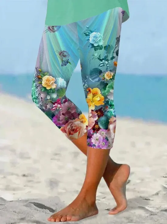 Damen Geblümt Caprihosen Elastische Taille Hose Lässig Sommer Hose