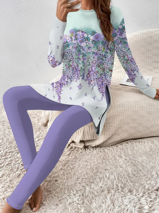 Damen Geblümt Print Zweiteiliges Set Täglich Langarm Lässig Frühling/Herbst Bluse mit Hose Matching Set
