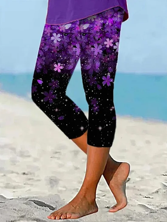 Damen Geblümt Caprihosen Elastische Taille Hose Lässig Sommer Hose