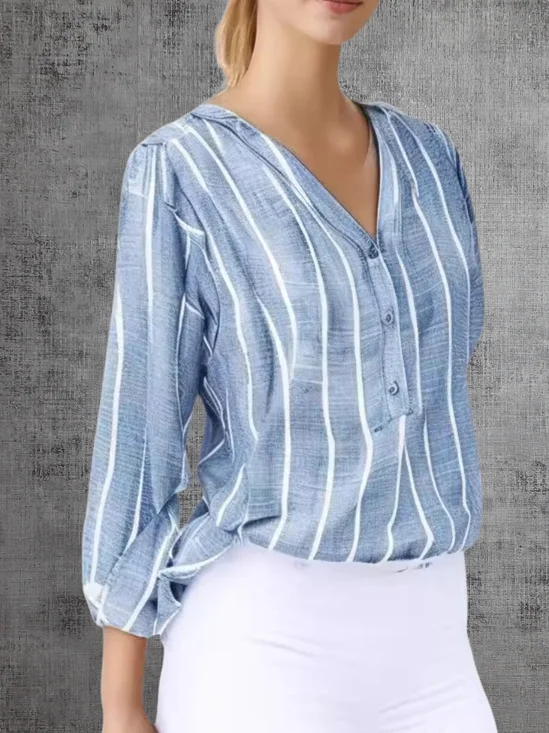 Damen Gestreift Langarm Bluse Frühling/Herbst Print V-Ausschnitt Täglich Lässig Oberteile