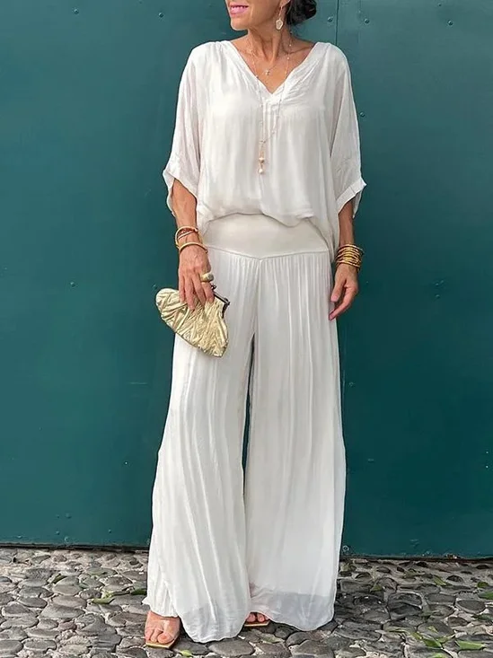 Damen Unifarben Nahtverarbeitung Zweiteiliges Set Täglich Halbarm Lässig Sommer Bluse mit Hose Matching Set