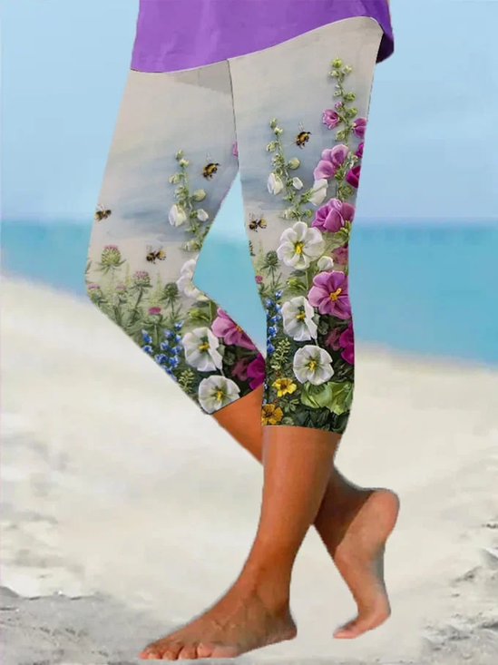 Damen Geblümt Caprihosen Elastische Taille Hose Lässig Sommer Hose