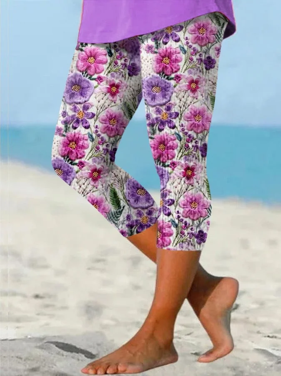 Damen Geblümt Caprihosen Elastische Taille Hose Lässig Sommer Hose