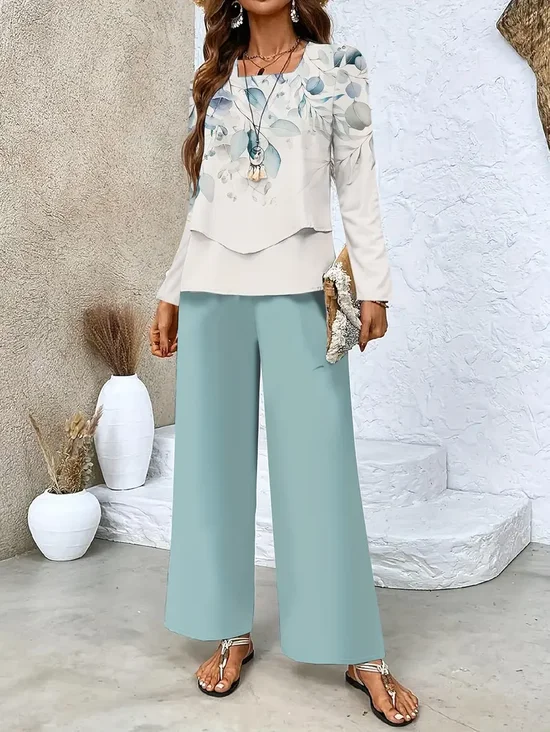 Damen Geblümt Print Zweiteiliges Set Täglich Langarm Lässig Frühling/Herbst Bluse mit Hose Matching Set