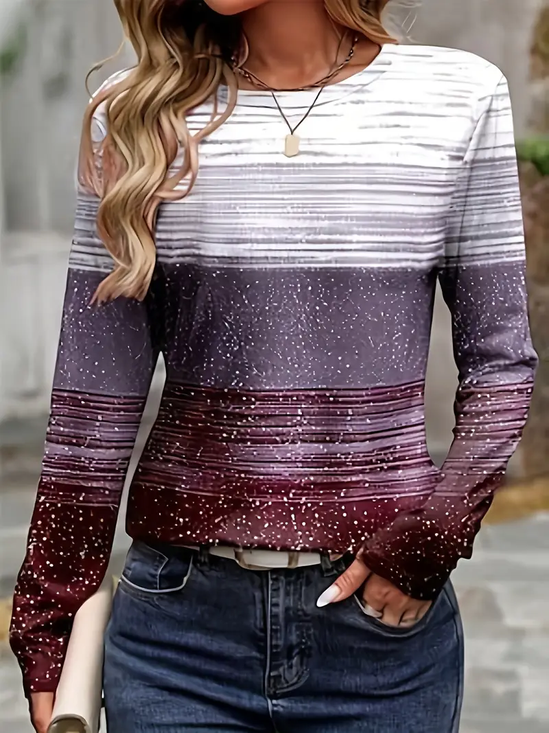 Damen Gestreift Langarm T-Shirts T-Shirt Rundhals Print Lässig Frühling/Herbst T-Shirt mit Grafik Oberteile