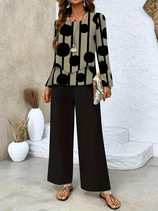 Damen Gestreift Print Zweiteiliges Set Täglich Langarm Lässig Frühling/Herbst Bluse mit Hose Matching Set