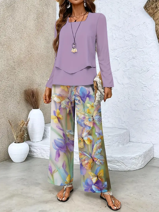 Damen Geblümt Print Zweiteiliges Set Täglich Langarm Lässig Frühling/Herbst Bluse mit Hose Matching Set