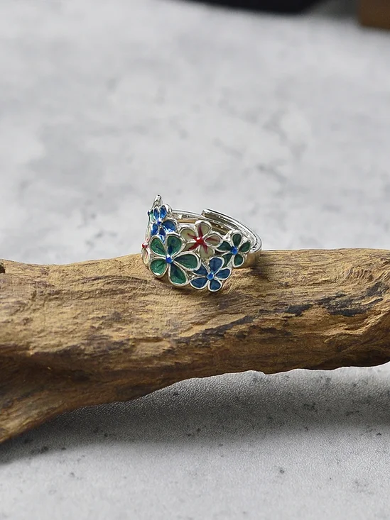 exquisit Öffnen Emaille Kreativ Retro Farbe Blume Ring Ethnisch Stil Klassik Öffnen Verstellbar Ring