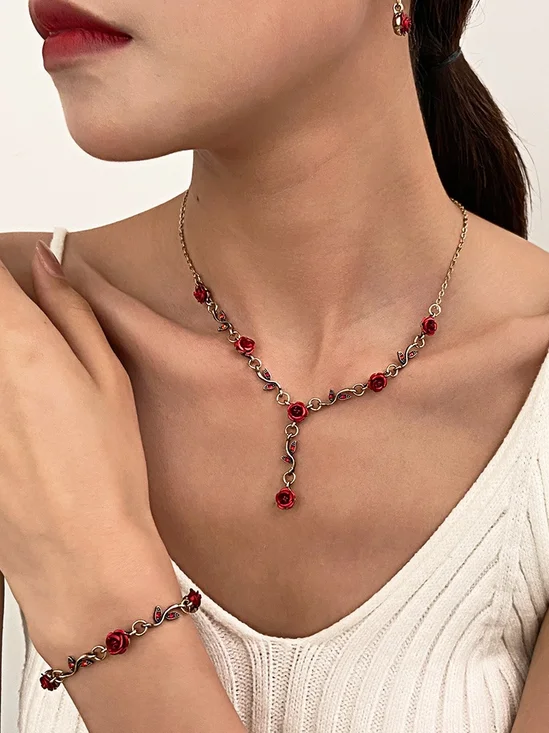 Französisch Retro Blume Schmuck Set romantisch Rosa Armband Nische Vielseitig hochwertig Halskette 3-teilig Set