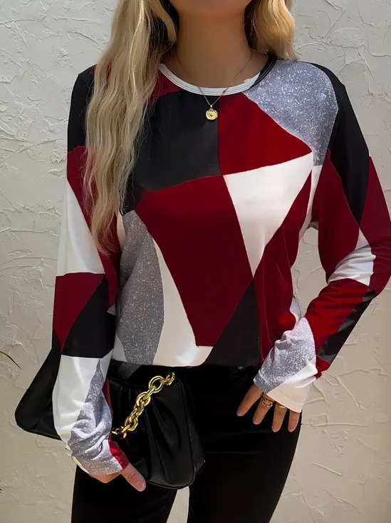Damen Geometrisch Langarm T-Shirts T-Shirt Rundhals Print Lässig Frühling/Herbst T-Shirt mit Grafik Oberteile