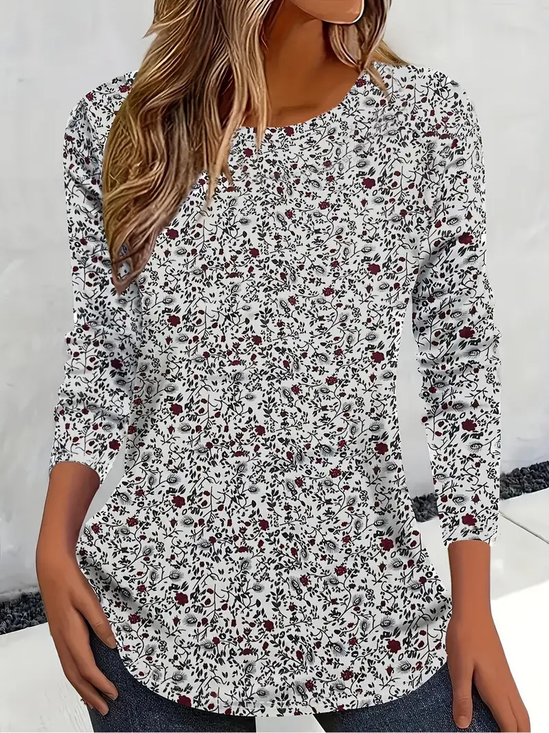 Damen Geblümt Langarm T-Shirts T-Shirt Rundhals Print Lässig Frühling/Herbst T-Shirt mit Grafik Oberteile