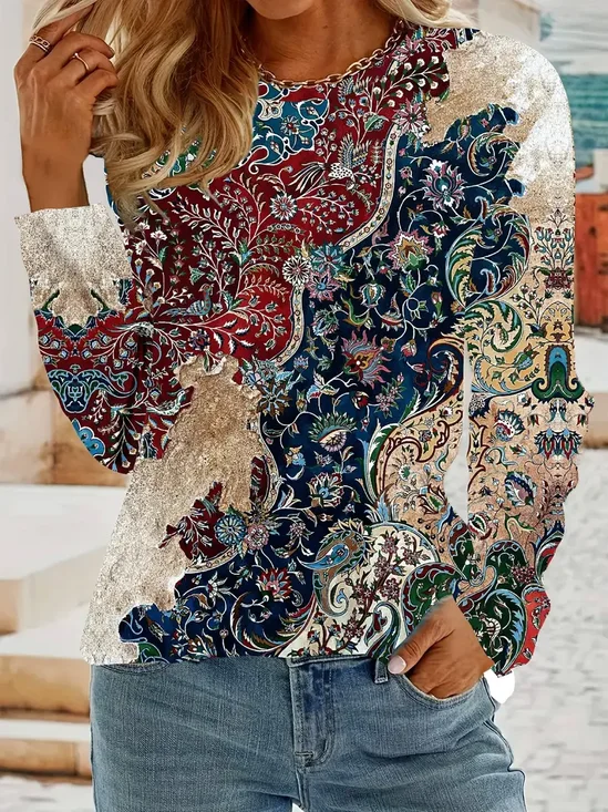 Damen Geblümt Langarm T-Shirts T-Shirt Rundhals Print Lässig Frühling/Herbst T-Shirt mit Grafik Oberteile