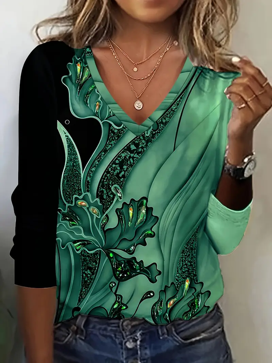 Damen Geblümt Langarm T-Shirts T-Shirt V-Ausschnitt Print Lässig Frühling/Herbst T-Shirt mit Grafik Oberteile