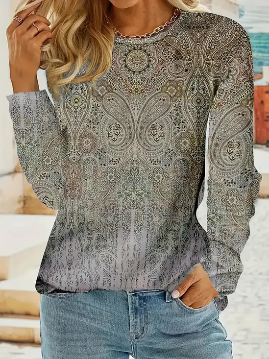 Damen Paisley Langarm T-Shirts T-Shirt Rundhals Print Lässig Frühling/Herbst T-Shirt mit Grafik Oberteile