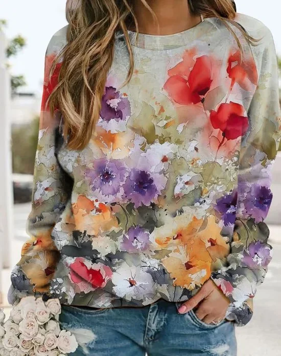 Damen Geblümt Rundhals Print Lässig Frühling/Herbst Langarm Sweatshirt