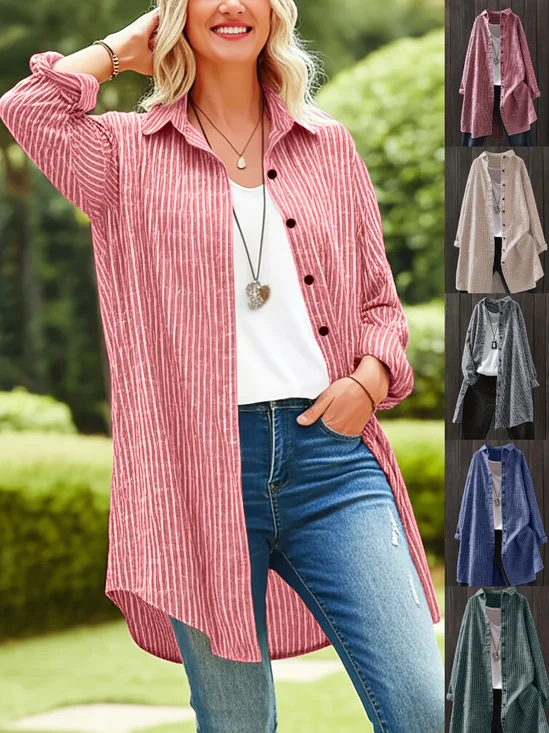 Damen Gestreift Langarm Bluse Frühling/Herbst Print Stehkragen Täglich Lässig Oberteile