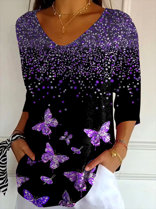 Damen Schmetterling Dreiviertelärmel T-Shirts T-Shirt V-Ausschnitt Print Lässig Frühling/Herbst T-Shirt mit Grafik Oberteile
