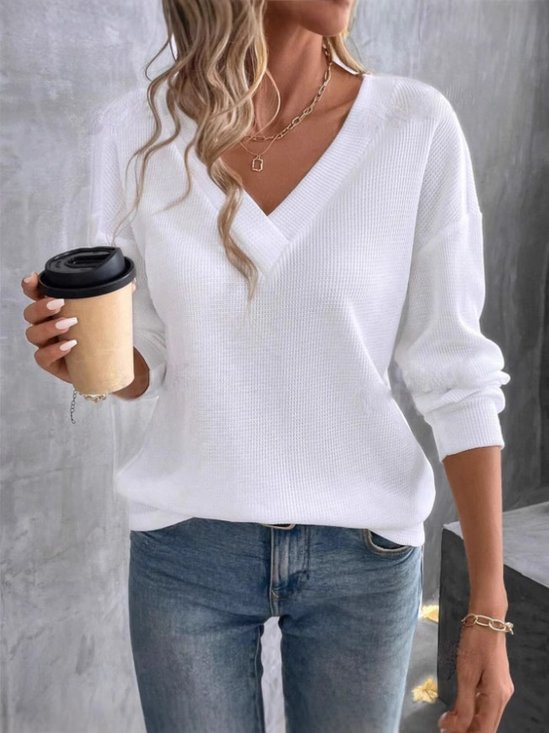 Damen Unifarben Langarm T-Shirts T-Shirt V-Ausschnitt Nahtverarbeitung Retro Frühling/Herbst Oberteile