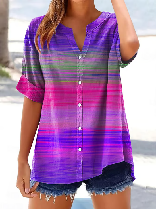 Damen abstrakte Streifen Kurzarm Bluse Sommer Print V-Ausschnitt Täglich Lässig Oberteile