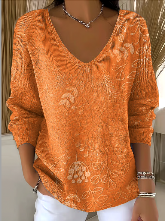 Damen Geblümt Frühling/Herbst Lässig Langarm V-Ausschnitt Baumwolle Pullover