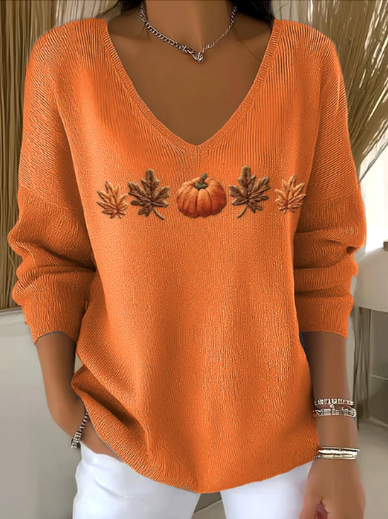 Damen Geblümt Frühling/Herbst Lässig Langarm V-Ausschnitt Baumwolle Pullover