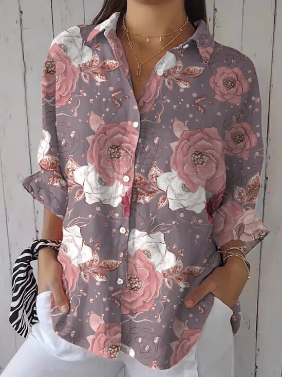 Damen Geblümt Dreiviertelärmel Bluse Frühling/Herbst Print Hemdkragen Täglich Lässig Oberteile