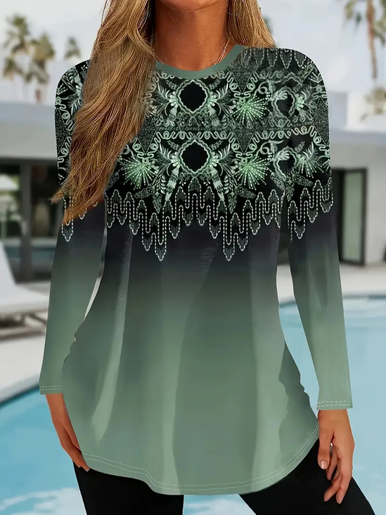 Damen Ethnisch Langarm T-Shirts T-Shirt Rundhals Print Lässig Frühling/Herbst T-Shirt mit Grafik Oberteile