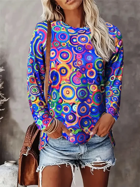 Damen Abstrakt Langarm T-Shirts T-Shirt Rundhals Print Lässig Frühling/Herbst T-Shirt mit Grafik Oberteile