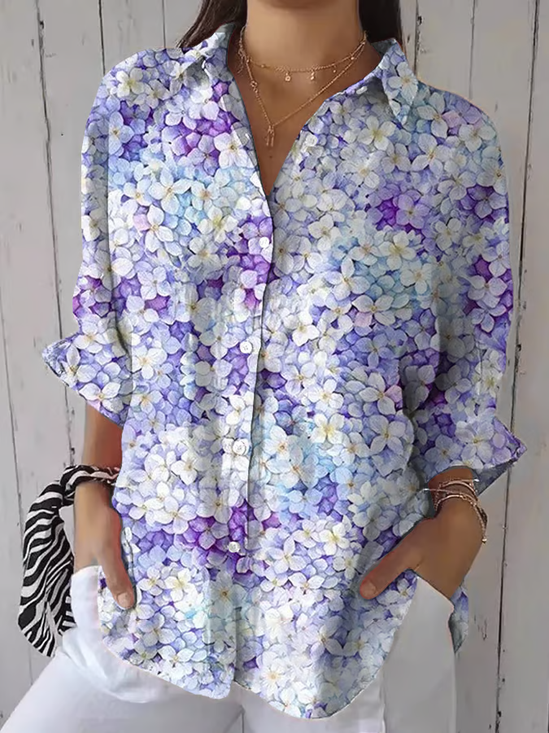 Damen Geblümt Dreiviertelärmel Bluse Frühling/Herbst Print Hemdkragen Täglich Lässig Oberteile
