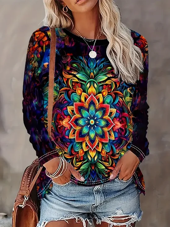 Damen Abstrakt Langarm T-Shirts T-Shirt Rundhals Print Lässig Frühling/Herbst T-Shirt mit Grafik Oberteile