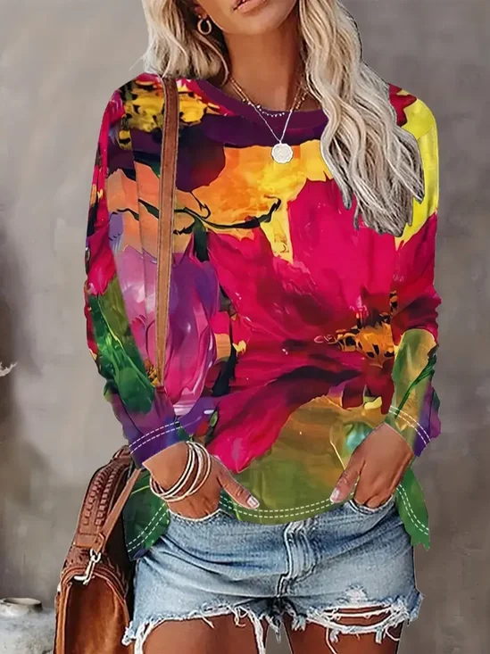 Damen Geblümt Langarm T-Shirts T-Shirt Rundhals Print Lässig Frühling/Herbst T-Shirt mit Grafik Oberteile