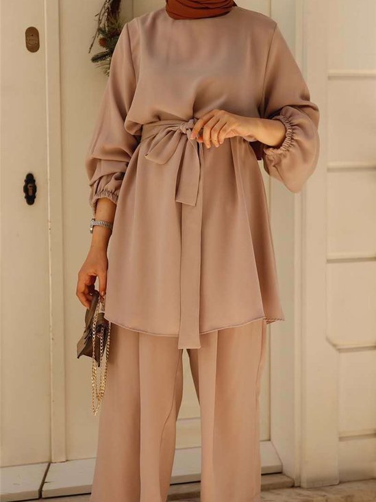 Damen Unifarben Nahtverarbeitung Zweiteiliges Set Täglich Langarm Lässig Frühling/Herbst Bluse mit Hose Matching Set