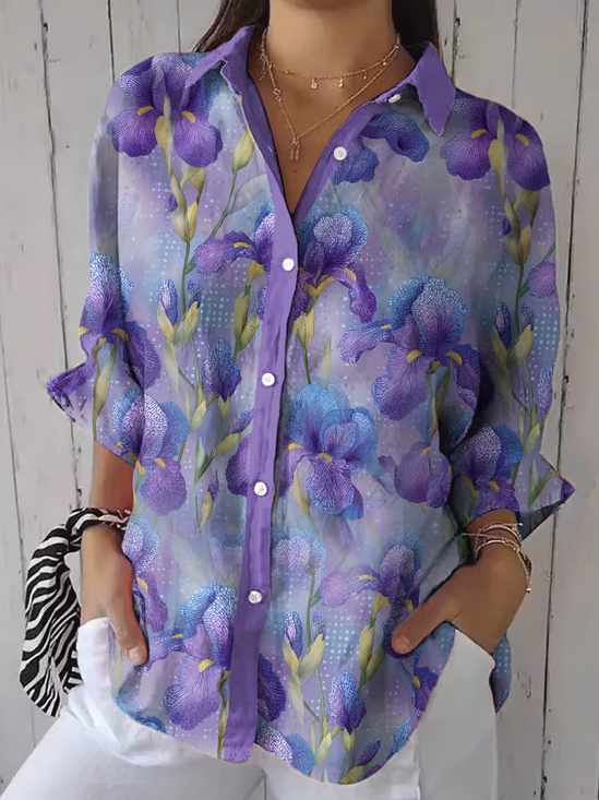 Damen Geblümt Dreiviertelärmel Bluse Frühling/Herbst Print Hemdkragen Täglich Lässig Oberteile