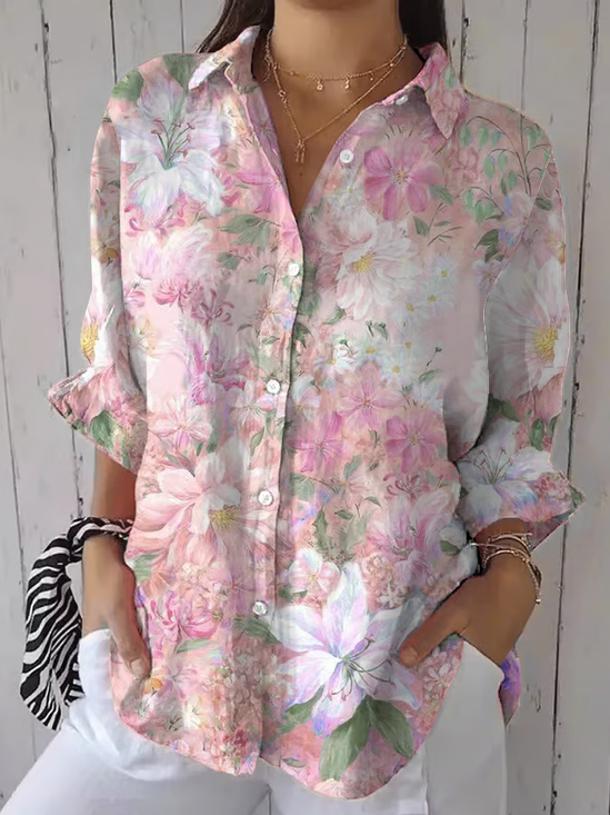 Damen Geblümt Dreiviertelärmel Bluse Frühling/Herbst Print Hemdkragen Täglich Lässig Oberteile