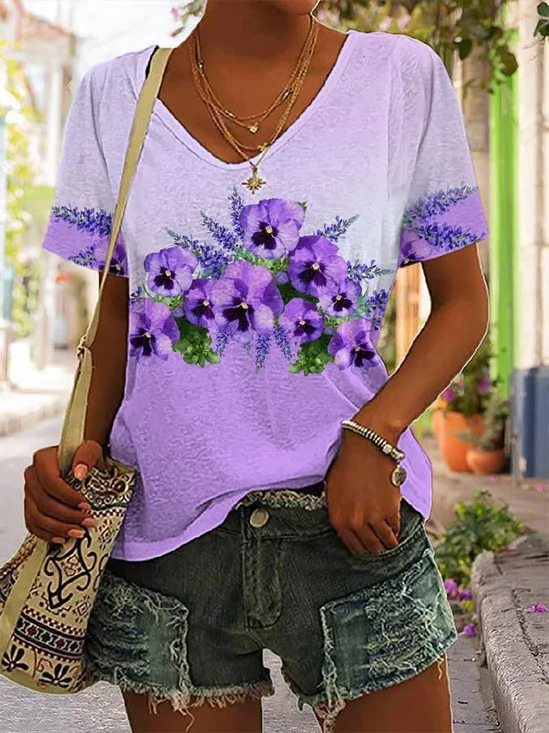 Damen Geblümt Kurzarm T-Shirts T-Shirt V-Ausschnitt Print Lässig Sommer T-Shirt mit Grafik Oberteile