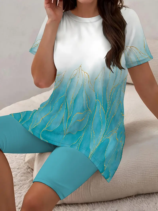 Damen Abstrakt Print Zweiteiliges Set Täglich Kurzarm Lässig Sommer Bluse mit Hose Matching Set