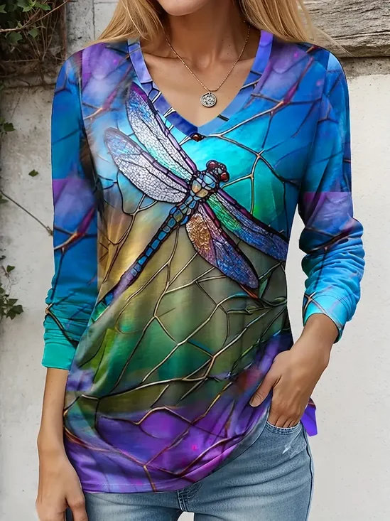 Damen Libelle Langarm T-Shirts T-Shirt V-Ausschnitt Print Lässig Frühling/Herbst T-Shirt mit Grafik Oberteile