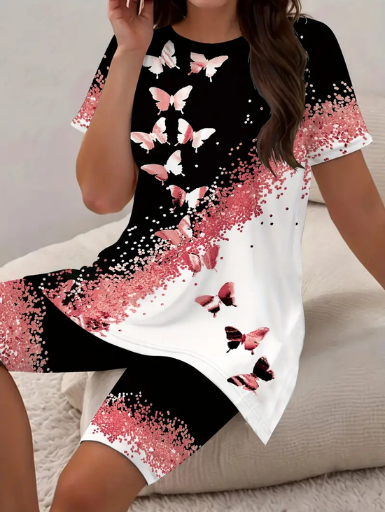 Damen Schmetterling Print Zweiteiliges Set Täglich Kurzarm Lässig Sommer Bluse mit Hose Matching Set