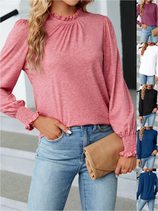 Damen Unifarben Langarm T-Shirts T-Shirt Rundhals Gerafft Retro Frühling/Herbst Oberteile