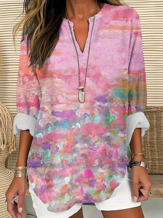 Damen Abstrakt Langarm Bluse Frühling/Herbst Print V-Ausschnitt Täglich Lässig Oberteile