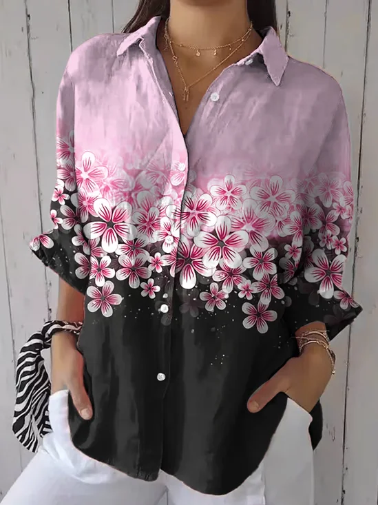 Damen Geblümt Dreiviertelärmel Bluse Frühling/Herbst Print Hemdkragen Täglich Lässig Oberteile