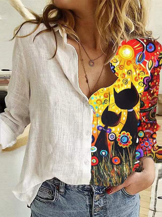 Damen Geblümt Langarm Bluse Frühling/Herbst Print Stehkragen Täglich Retro Oberteile