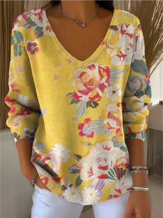 Damen Geblümt Frühling/Herbst Lässig Langarm V-Ausschnitt Baumwolle Pullover
