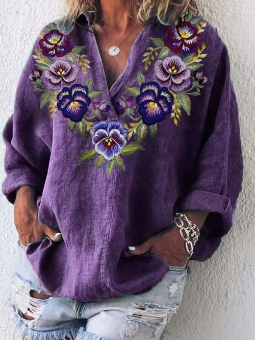 Damen Geblümt Langarm Bluse Frühling/Herbst Print Schalkragen Täglich Lässig Oberteile
